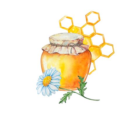 watercolor honey in a glass jar with honeycombs and chamomileの写真素材