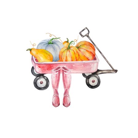 Watercolor pink harvest wagon with orange and blue pumpkins and pink boots

の写真素材