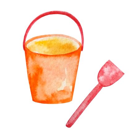 watercolor beach toys baby bucket and shovel for sandの写真素材