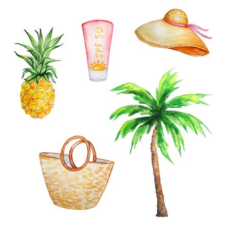 watercolor summer set, palm, pineapple, beach bag, sunscreenの写真素材