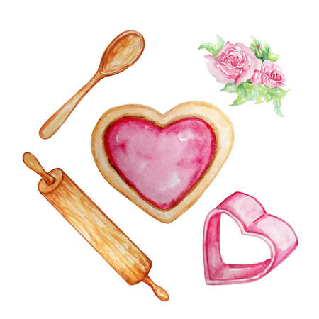 watercolor illustration cookies heart with pink cream, baking dish heart and objects for cooking rolling pin and spoonの写真素材