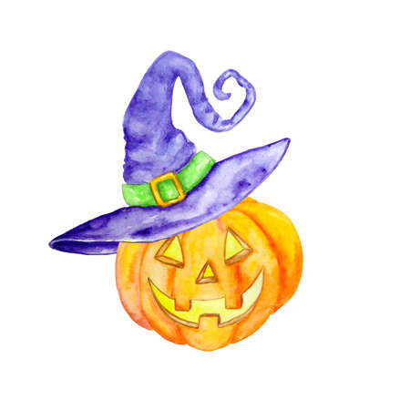 watercolor illustration of a halloween pumpkin with eyes in a purple hatの写真素材
