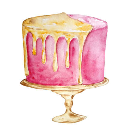 watercolor pink cake with yellow cream on a stand on a white background hand drawn