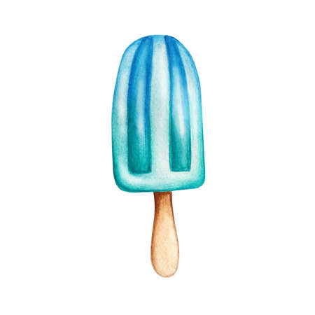 hand drawn watercolor ice cream blue on a stickの写真素材