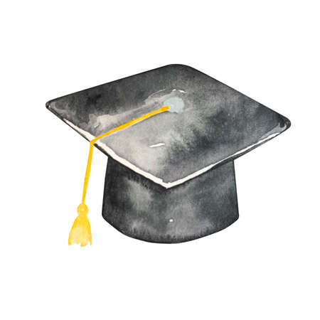watercolor illustration black graduate hat with yellow tasselの写真素材
