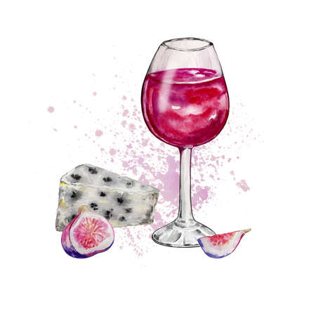watercolor illustration composition glass with red wine with cheese and figsの写真素材