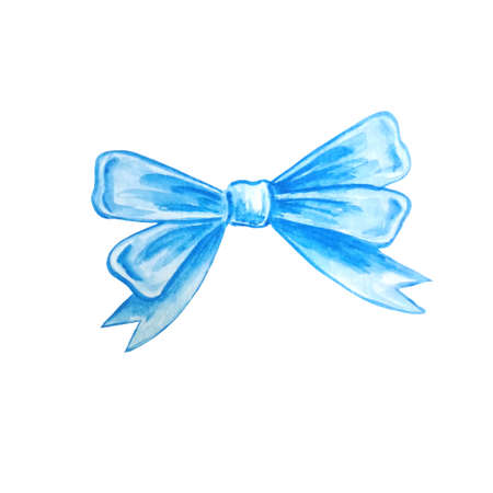 Watercolor holiday bow blue ribbon illustration, festive bunting clip art, birthday, valentine's day or christmas design elements isolated on white background. Hand painted in traditional styleの写真素材