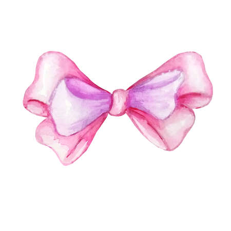 Watercolor holiday bow pink lilac ribbon illustration, festive bunting clip art, birthday, valentine's day or christmas design elements isolated on white background. Hand painted in traditional styleの写真素材