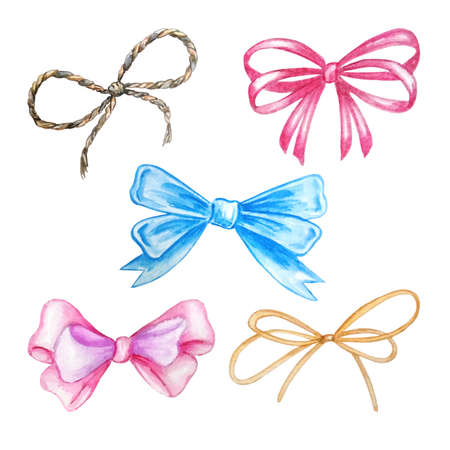 Watercolor set of bows holiday ribbon illustration, festive bunting clip art, birthday, valentine's day or christmas design elements isolated on white background. Hand painted in traditional styleの写真素材