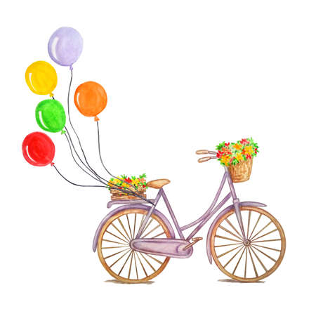 Retro purple bicycle with colorful air balloons, a wooden box with flowers, weaving, a basket with flowers and leaves. concept on isolated background, watercolor drawing.の写真素材