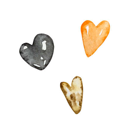 Set of hand painted watercolor hearts.Three hearts black, beige and orange. Isolated objects perfect for halloween postcardsの写真素材