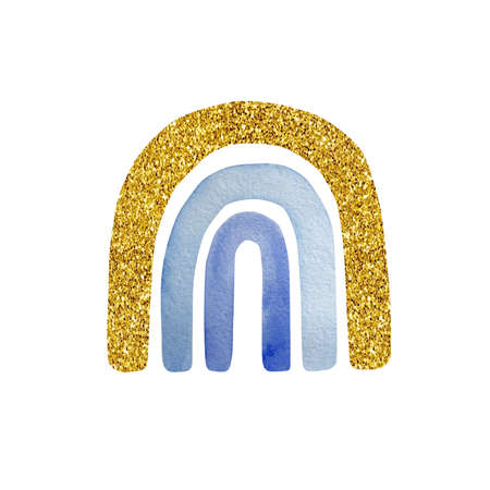 Watercolor hand painted cute rainbow with gold. The illustration is isolated on a white background.の写真素材