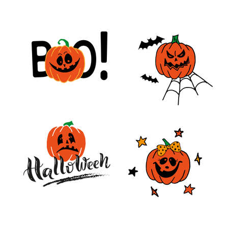 Set of creepy and cute pumpkins with a smile. Happy Halloween greeting card. Spooky pumpkin carved face, pumpkin lantern. Halloween poster.のイラスト素材