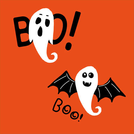 set vector illustration of two ghosts on an orange background. Characters with cute faces. Cartoon doodle illustration. For Halloween card, poster.のイラスト素材