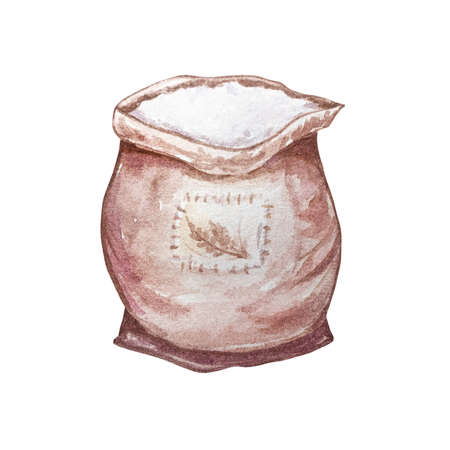 hand-drawn watercolor illustration. white flour in open bag. isolated on a white background.の写真素材