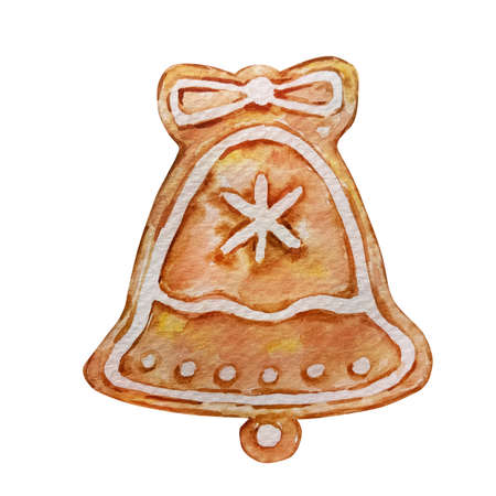 Watercolor Christmas gingerbread bell. Watercolor illustration isolated on white background. Handdrawn clipart for Christmas cards and invitationsの写真素材