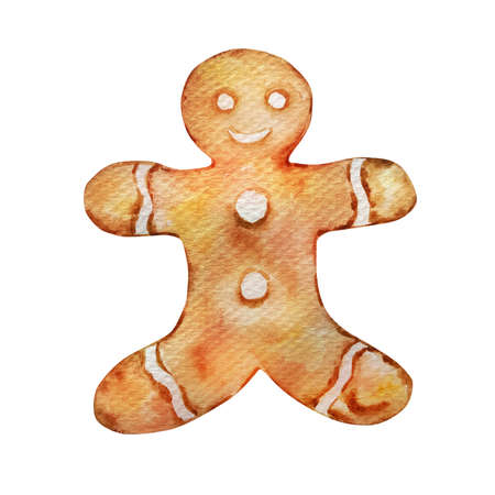 Watercolor Christmas gingerbread man. Watercolor illustration isolated on white background....