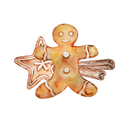 Watercolor Christmas gingerbread man and star, with a cinnamon stick. Watercolor illustration isolated on white background. Handdrawn clipart for Christmas cards and invitationsの写真素材
