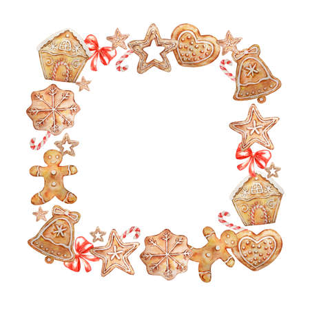 Watercolor Christmas square wreath with gingerbread cookies, candies and red bow. Hand painted isolated on white background. Christmas templates for design, print, background.のイラスト素材