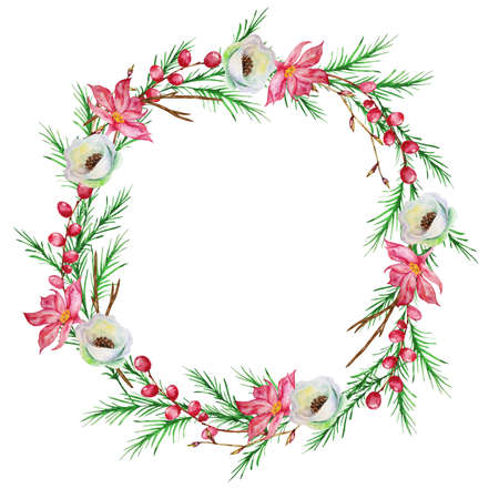Christmas wreath with fir tree, with winter red and white flowers and with red winter berries. Winter wreath painted in watercolorの写真素材