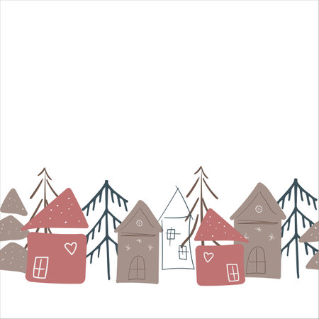 Christmas decoration seamless texture border of different houses and Christmas trees. Design element for Christmas or New Year on a white background. Vectorのイラスト素材