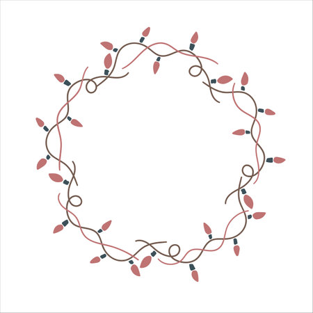 Hand drawn wreath with garland and lanterns. Round frame for Christmas cards and winter design. Vector illustrationのイラスト素材
