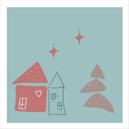 Hand drawn doodle Merry Christmas card. Winter houses and a Christmas tree. For greeting cards, posters, wallpapers, postcards, stickers and seasonal designs.のイラスト素材