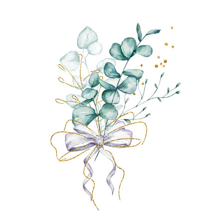 Watercolor eucalyptus bouquet with bow. Hand painted eucalyptus branches and leaves isolated on white background. Floral illustration for design, print, fabric or background.の写真素材