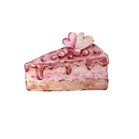 Watercolor hand drawn dessert cake with chocolate cream and hearts isolated on white background for design of text, label, valentine's day.の写真素材