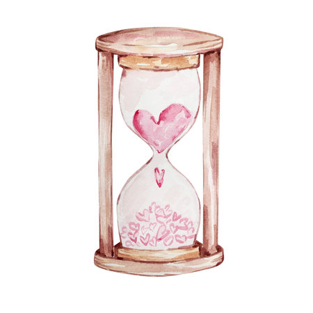 Watercolor hand drawn hourglass with pink hearts isolated on white background for design of text,...