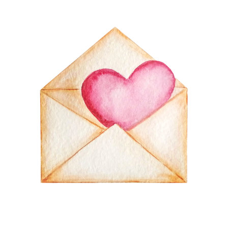 Pink vintage envelope with pink heart. A sheet of paper, a love message. Close up watercolor illustration. Design for Valentine's Day, Mother's Day, greeting cardsの写真素材