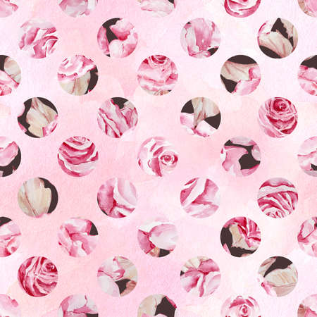 Watercolor seamless pattern with elements for Valentine's Day on a pink background. Circles, polka...