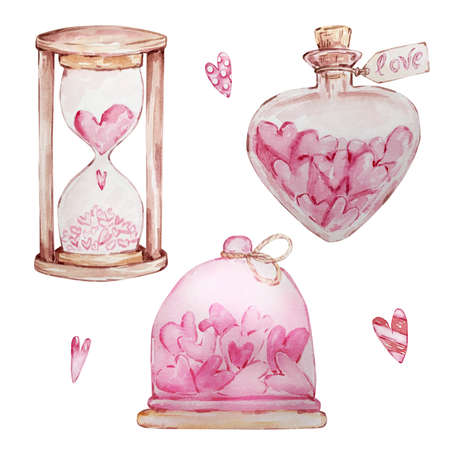 Watercolor hand drawn set of sweet hearts in a jar and hourglass isolated on white background for design of text, label, Valentine's Day.のイラスト素材