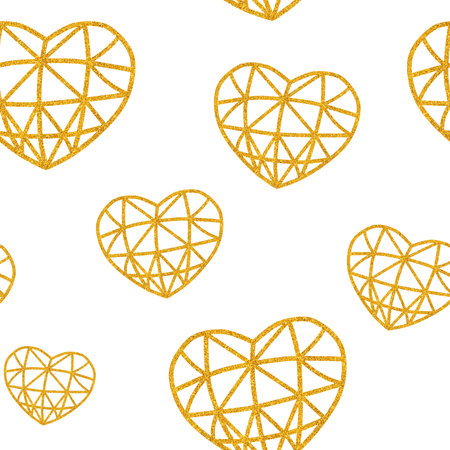 Watercolor seamless pattern with elements for Valentine's Day on a white background. Gold geometric hearts.の写真素材