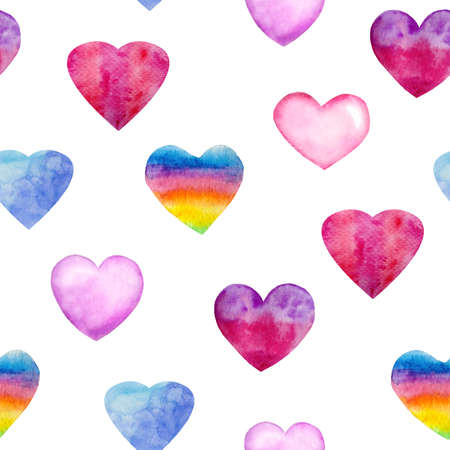 Watercolor seamless pattern with elements for Valentine's Day on a white background. Multicolored, rainbow hearts.の写真素材