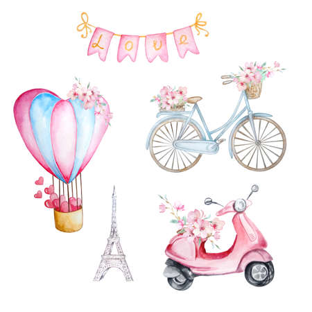 Watercolor set of elements for Valentine's Day. Balloon, bike, scooter and other cute items. For postcards, stickers and invitationsのイラスト素材
