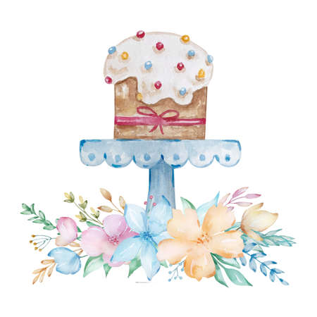 Easter cake on a blue stand with white glaze and a pink bow on a white background with a bouquet of...
