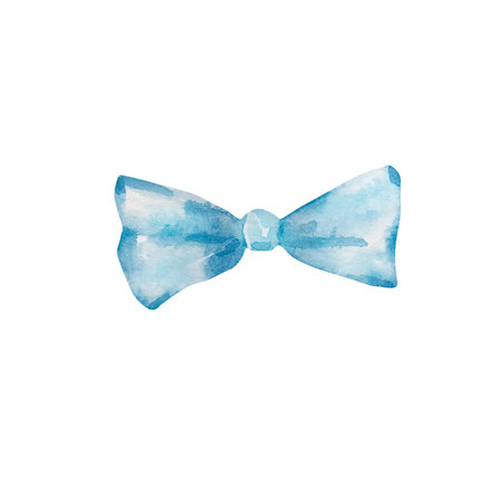 Watercolor blue satin gift bow. Hand painted illustration isolated on white background.の写真素材