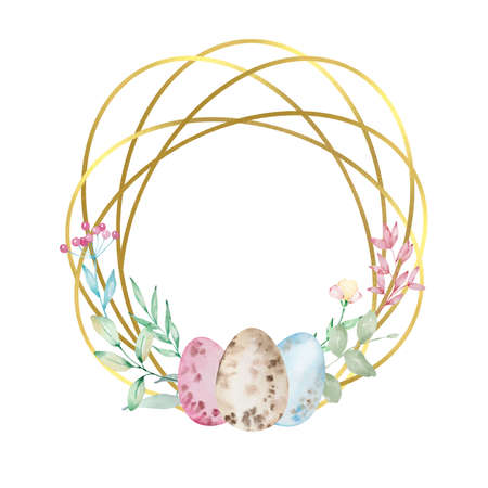 Watercolor Easter wreath with golden circles. Easter eggs, branches, leaves. Hand drawn frame, illustration. Isolated design element for invitations, greeting cards, posters, label printing concepts.の写真素材