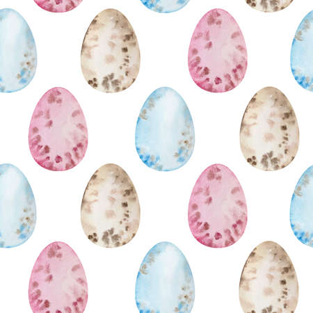 Easter watercolor seamless pattern. Colored Easter eggs, brown, pink, blue, boho. Print, wallpaper for Easter.の写真素材