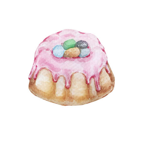 Watercolor Easter sweets, pastries. Cupcake with pink icing and colored eggs. Easter spring hand painted illustration on white backgroundの写真素材