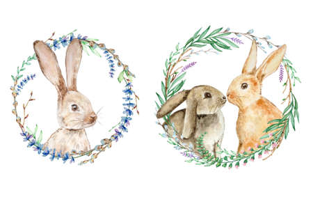 Set Watercolor Easter bunny with floral wreath. Hand painted rabbit with lavender, willow and tree branch isolated on white background. Holiday symbol illustration for design.の写真素材