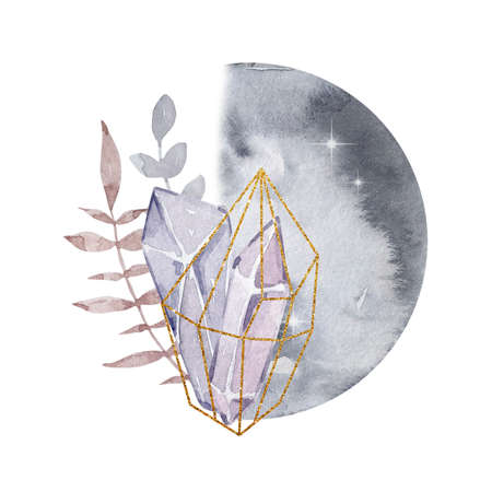 Watercolor illustration. Magical abstract composition. moon and gem stones and flowers. Magic illustration isolated on white background.の写真素材