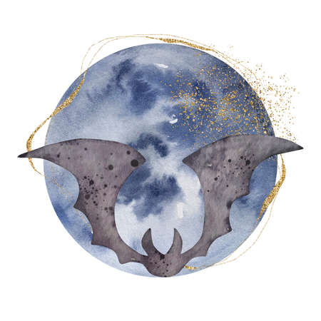 Watercolor illustration. Magic lunar abstract composition. Full moon and golden splash bat. Composition isolated on white background.の写真素材