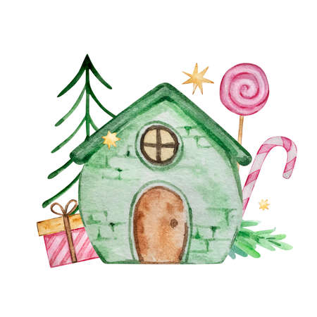 Watercolor christmas illustration with house, christmas tree, gifts and sweets on white backgroundの写真素材