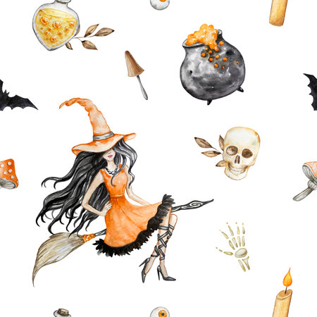 Happy Halloween seamless pattern background. Witch on a broomstick, cauldron, skull and potion. Watercolor illustrationsの写真素材