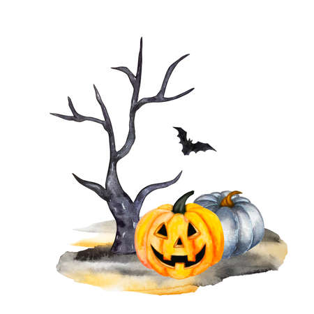 Halloween watercolor illustration. Hand drawn festive composition isolated on white background. Orange and blue pumpkins under the treeのイラスト素材