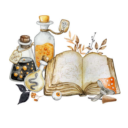Halloween watercolor illustration. Hand drawn festive composition isolated on white background. Magic book, potion, fly agaric and eyeのイラスト素材