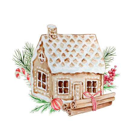 Watercolor Christmas illustration with gingerbread house. Hand painted gingerbread house and cinnamon sticks isolated on white background. Holiday cards.の写真素材