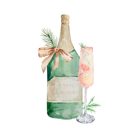 Watercolor Christmas illustration with champagne and glass isolated on white background. Holiday cards.の写真素材